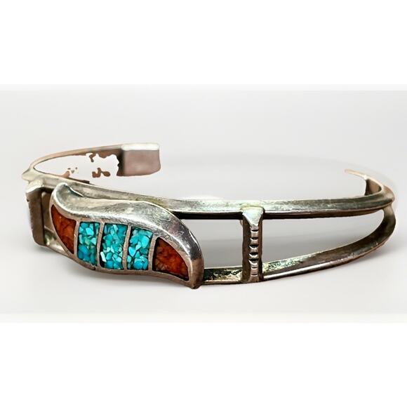 VTG Sterling Silver Turquoise Coral Chip Inlay Cuff Bracelet Navajo Style 19.9g - Picture 3 of 16